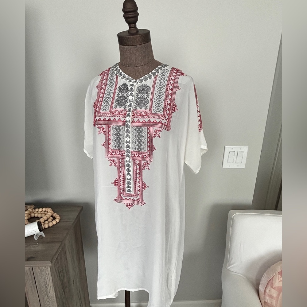 Johnny Was Vintage White Dress with Red and Gray Embroidery XL